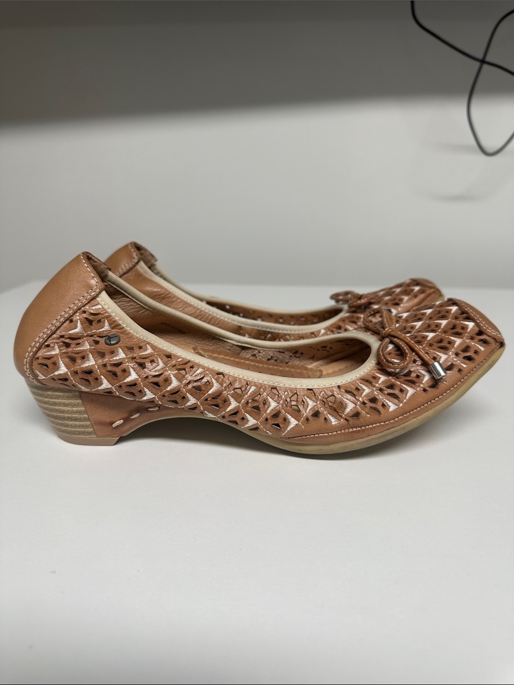 PIKOLINOS Tan Leather Low Wedge Perforated Ballet Flats 40
